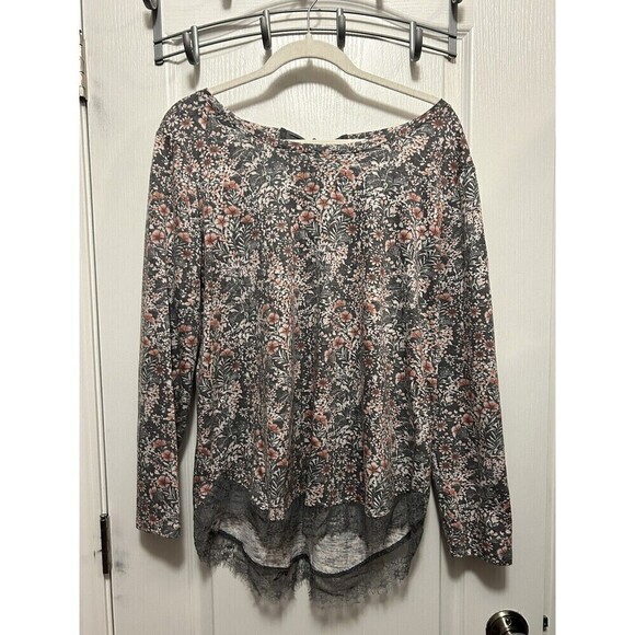 Laura Conrad Floral Top w/ Lace Hem & Back Ribbon Tie Gray Pink Sz large Blouse - Picture 1 of 15